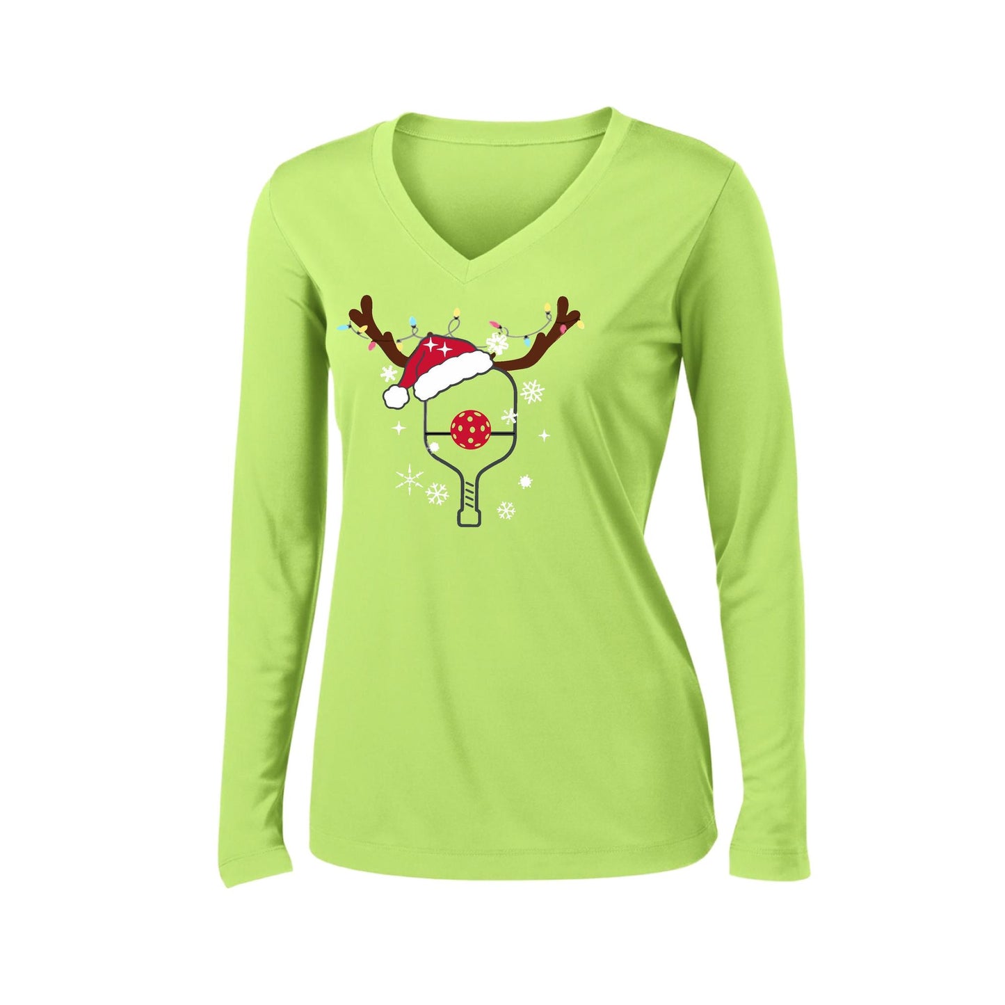 Rudolph The Pickling Reindeer Paddle | Women’s Long Sleeve V-Neck Pickleball Performance T-Shirt | 100% Polyester