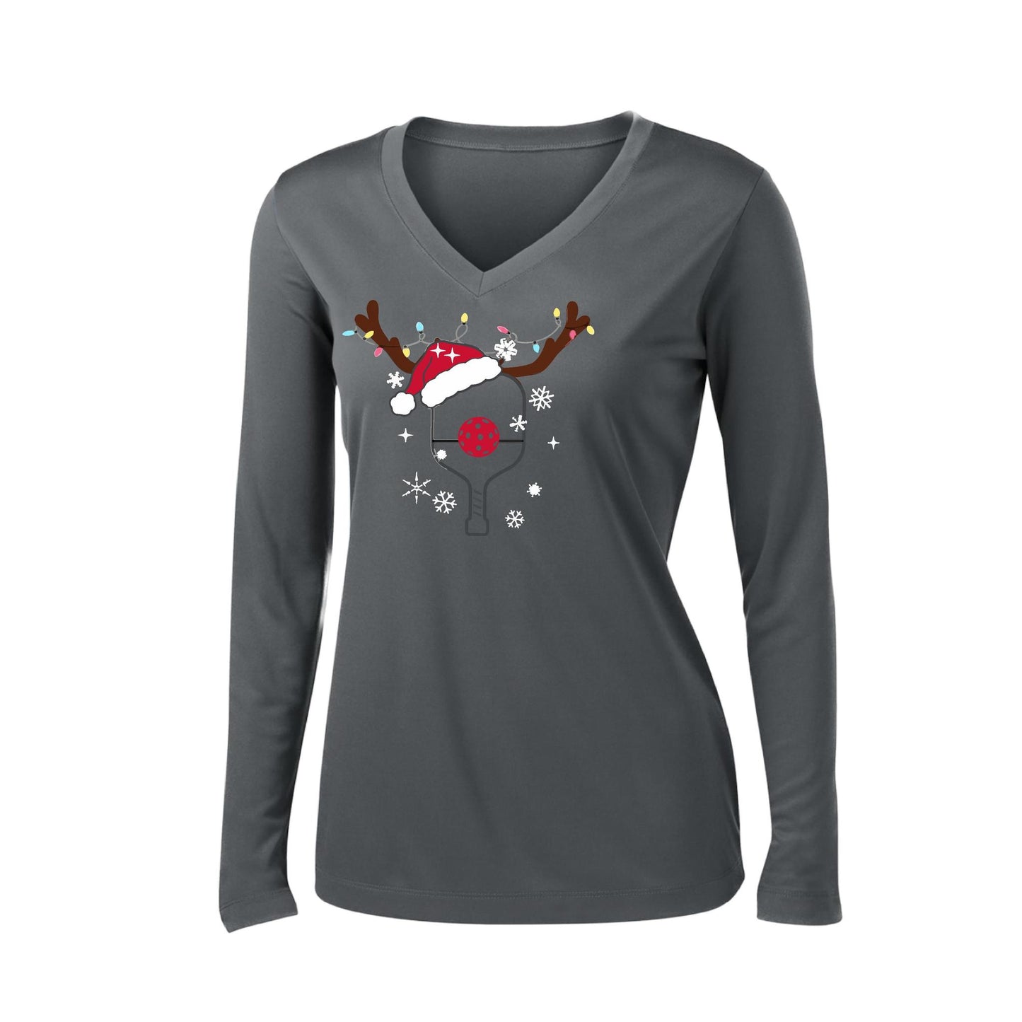 Rudolph The Pickling Reindeer Paddle | Women’s Long Sleeve V-Neck Pickleball Performance T-Shirt | 100% Polyester