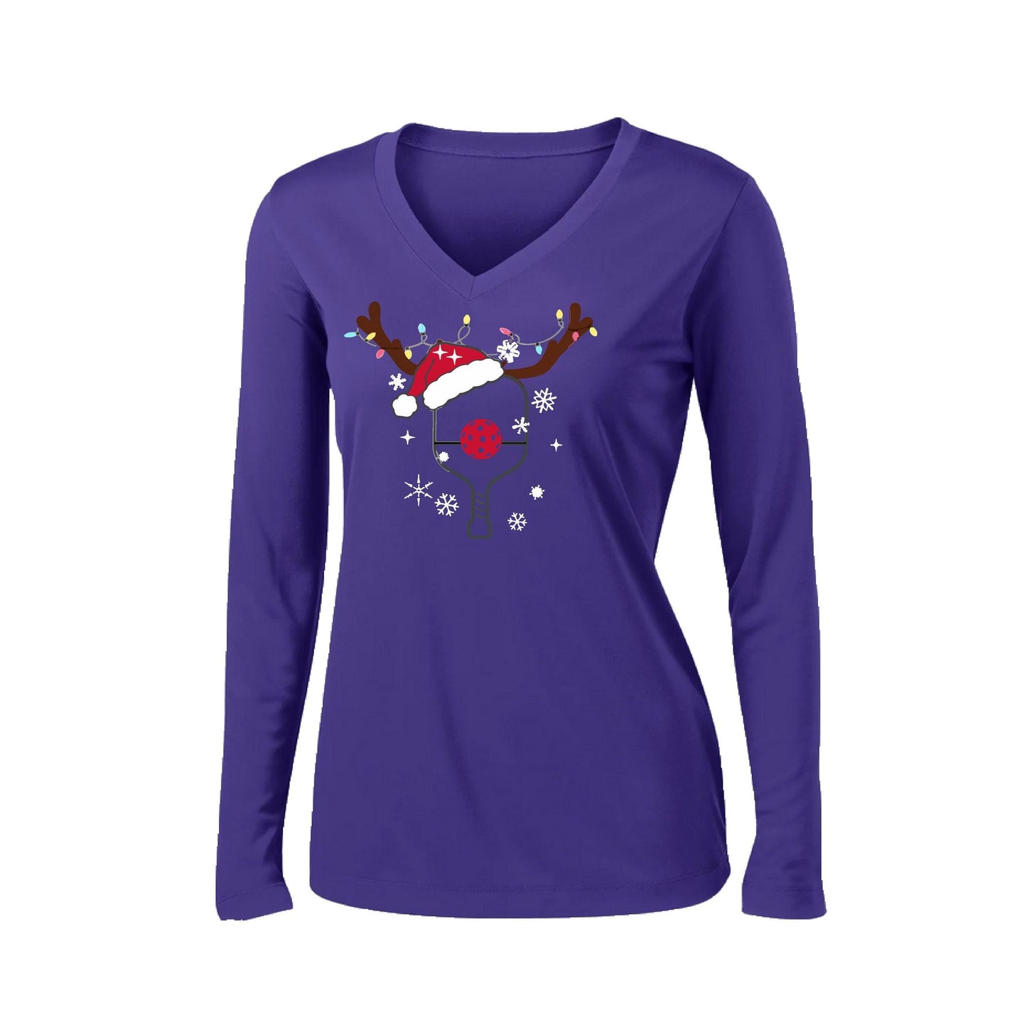 Rudolph The Pickling Reindeer Paddle | Women’s Long Sleeve V-Neck Pickleball Performance T-Shirt | 100% Polyester
