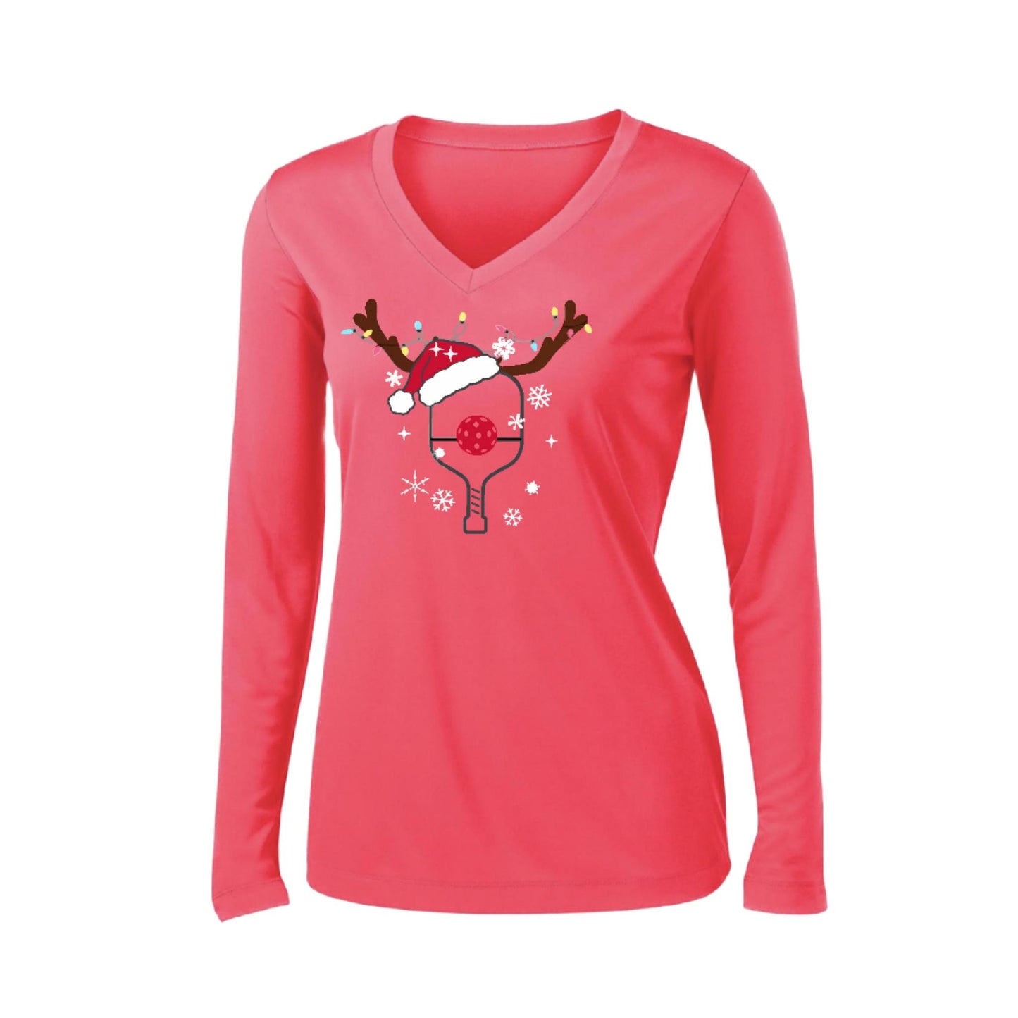 Rudolph The Pickling Reindeer Paddle | Women’s Long Sleeve V-Neck Pickleball Performance T-Shirt | 100% Polyester