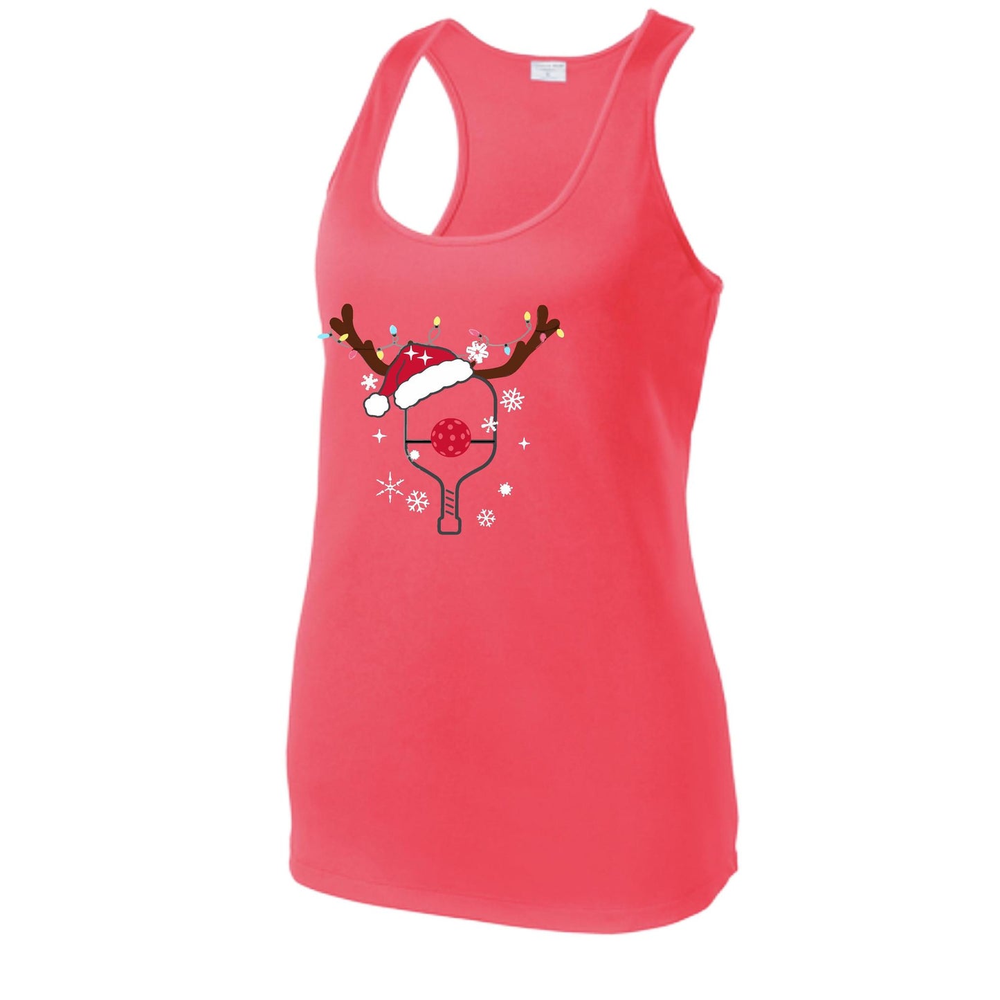 Rudolph The Pickling Reindeer Paddle | Women's Racerback Pickleball Performance Tank | 100% Polyester