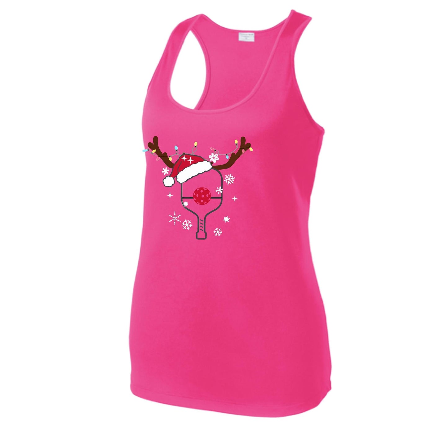Rudolph The Pickling Reindeer Paddle | Women's Racerback Pickleball Performance Tank | 100% Polyester