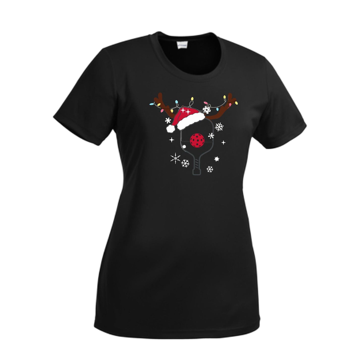 Rudolph The Pickling Reindeer Paddle | Women’s Short Sleeve Crewneck Pickleball Performance T-Shirts | 100% Polyester