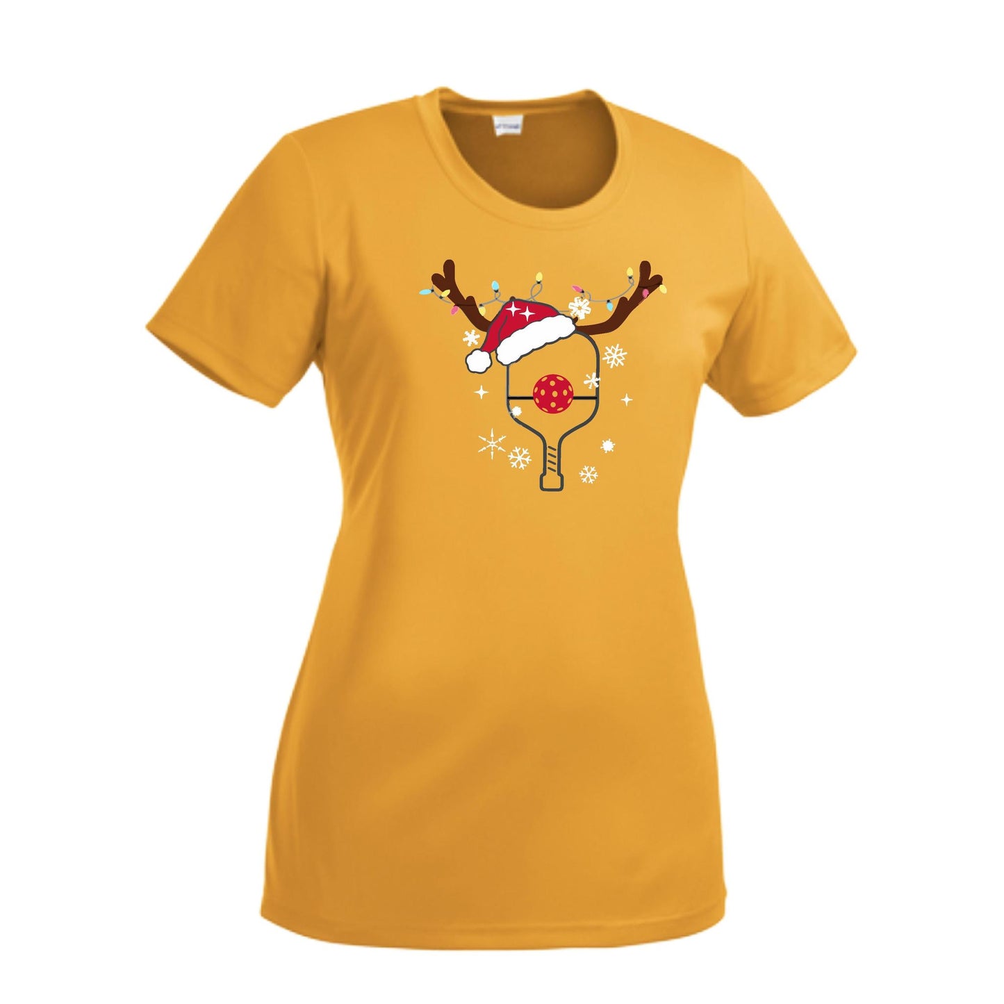 Rudolph The Pickling Reindeer Paddle | Women’s Short Sleeve Crewneck Pickleball Performance T-Shirts | 100% Polyester