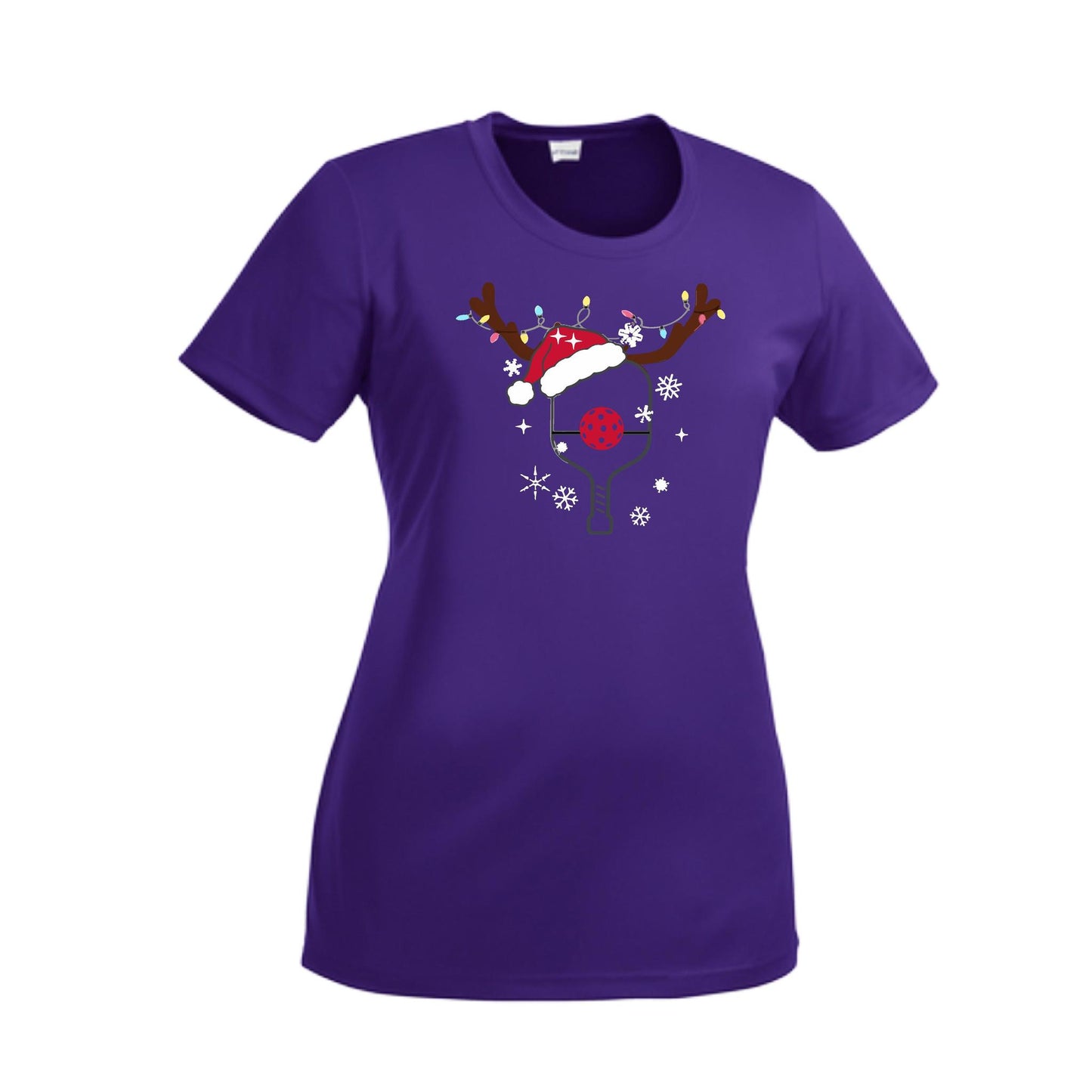 Rudolph The Pickling Reindeer Paddle | Women’s Short Sleeve Crewneck Pickleball Performance T-Shirts | 100% Polyester
