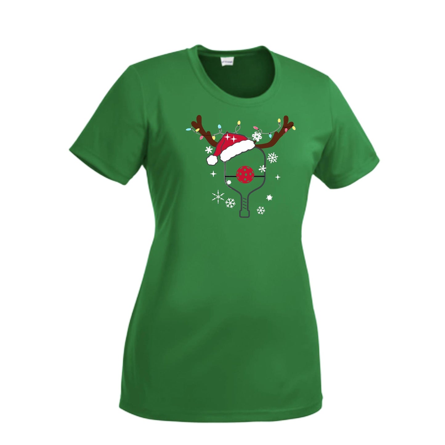 Rudolph The Pickling Reindeer Paddle | Women’s Short Sleeve Crewneck Pickleball Performance T-Shirts | 100% Polyester