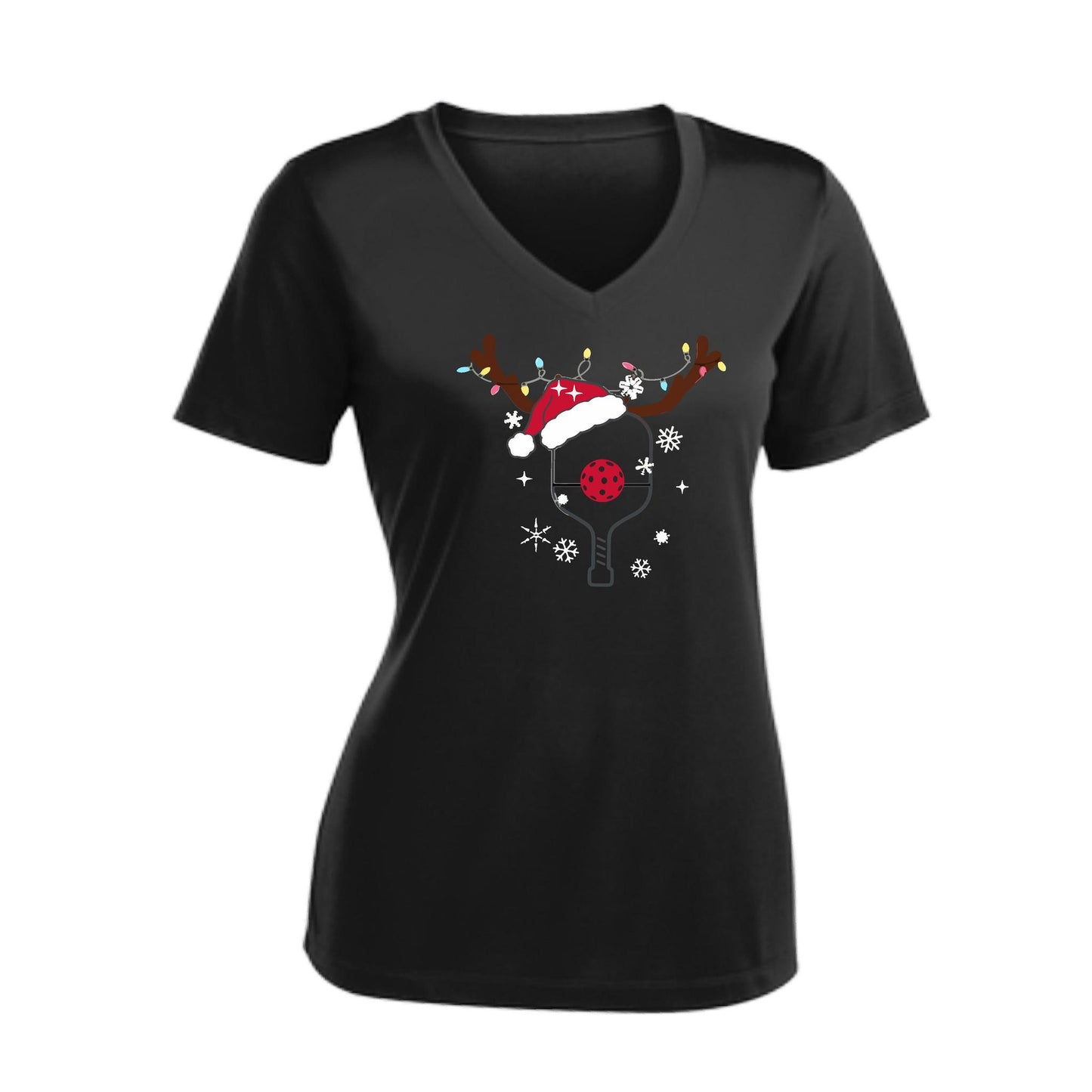 Rudolph The Pickling Reindeer Paddle | Women's Short Sleeve V-Neck Pickleball Performance T-Shirts | 100% Polyester