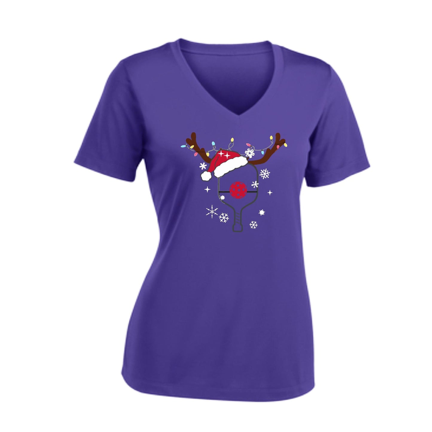 Rudolph The Pickling Reindeer Paddle | Women's Short Sleeve V-Neck Pickleball Performance T-Shirts | 100% Polyester
