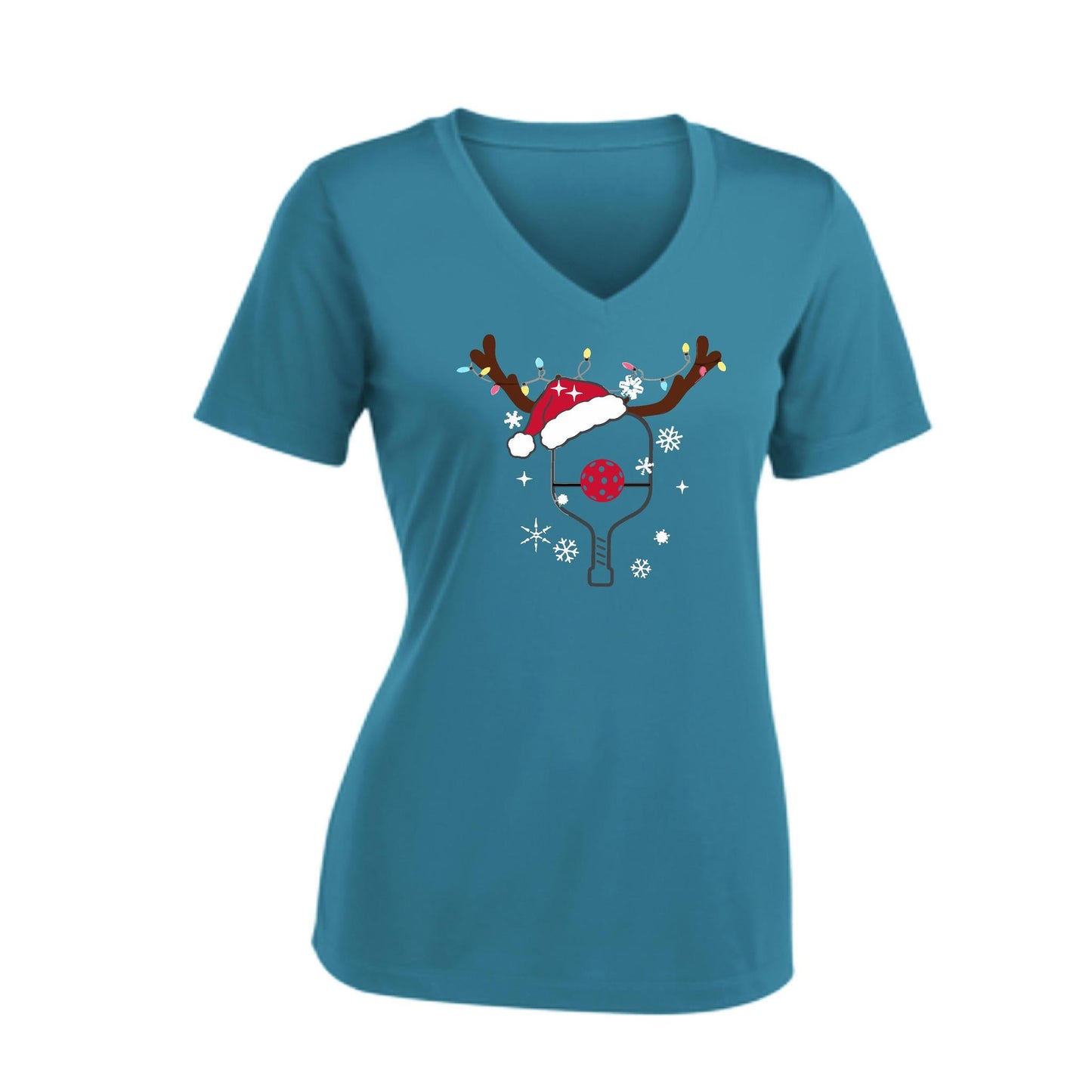 Rudolph The Pickling Reindeer Paddle | Women's Short Sleeve V-Neck Pickleball Performance T-Shirts | 100% Polyester