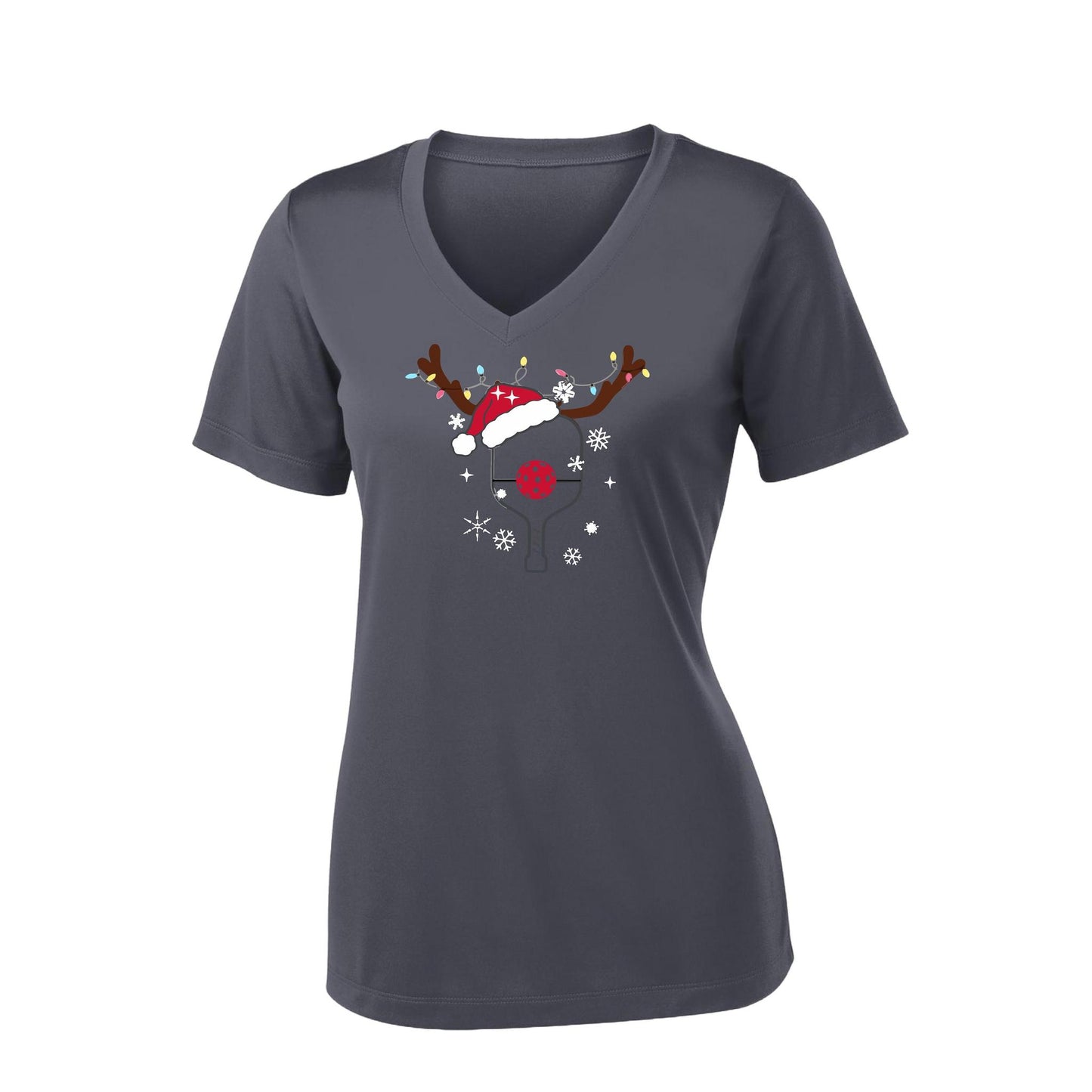 Rudolph The Pickling Reindeer Paddle | Women's Short Sleeve V-Neck Pickleball Performance T-Shirts | 100% Polyester