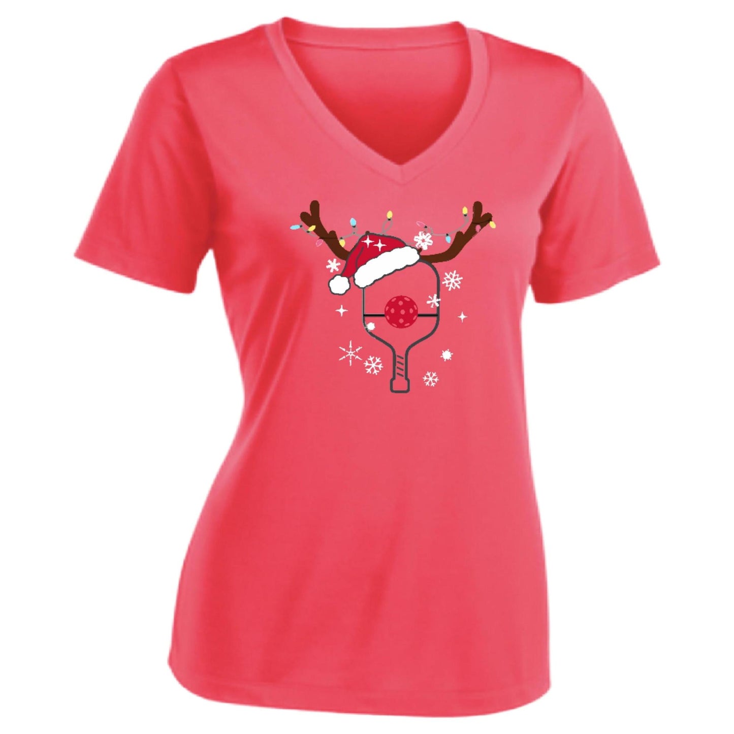 Rudolph The Pickling Reindeer Paddle | Women's Short Sleeve V-Neck Pickleball Performance T-Shirts | 100% Polyester