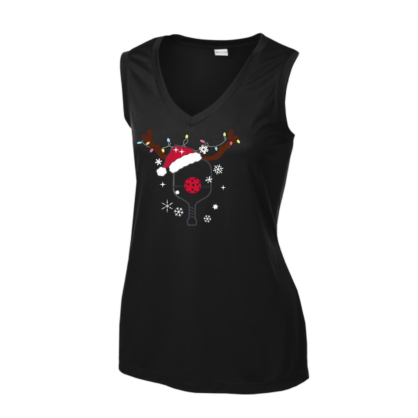 Rudolph The Pickling Reindeer Paddle | Women’s Sleeveless Pickleball Performance T-Shirt | 100% Polyester