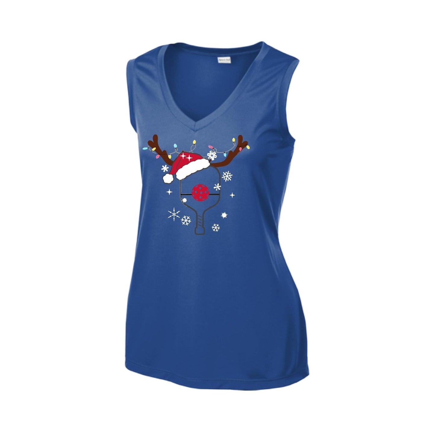Rudolph The Pickling Reindeer Paddle | Women’s Sleeveless Pickleball Performance T-Shirt | 100% Polyester