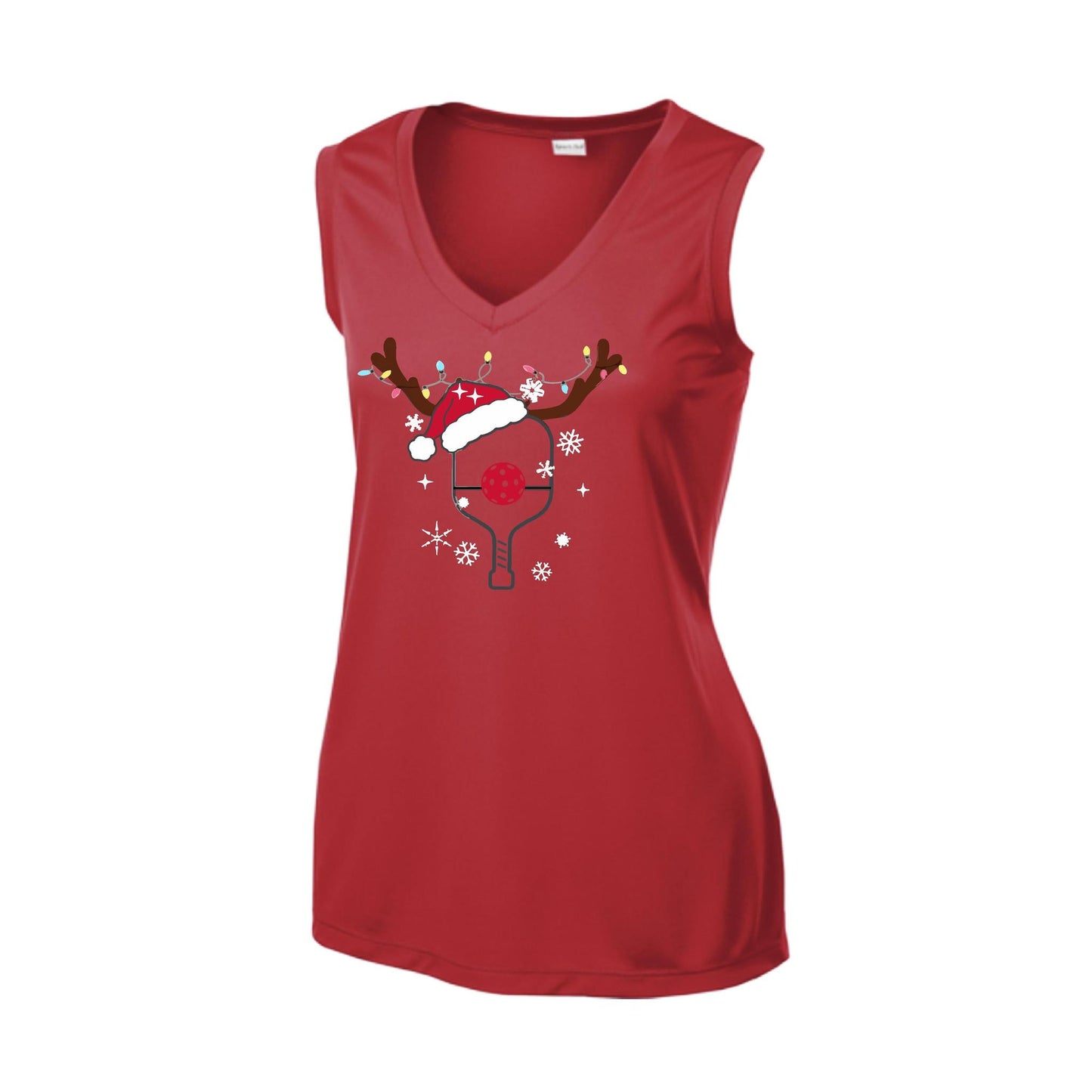 Rudolph The Pickling Reindeer Paddle | Women’s Sleeveless Pickleball Performance T-Shirt | 100% Polyester