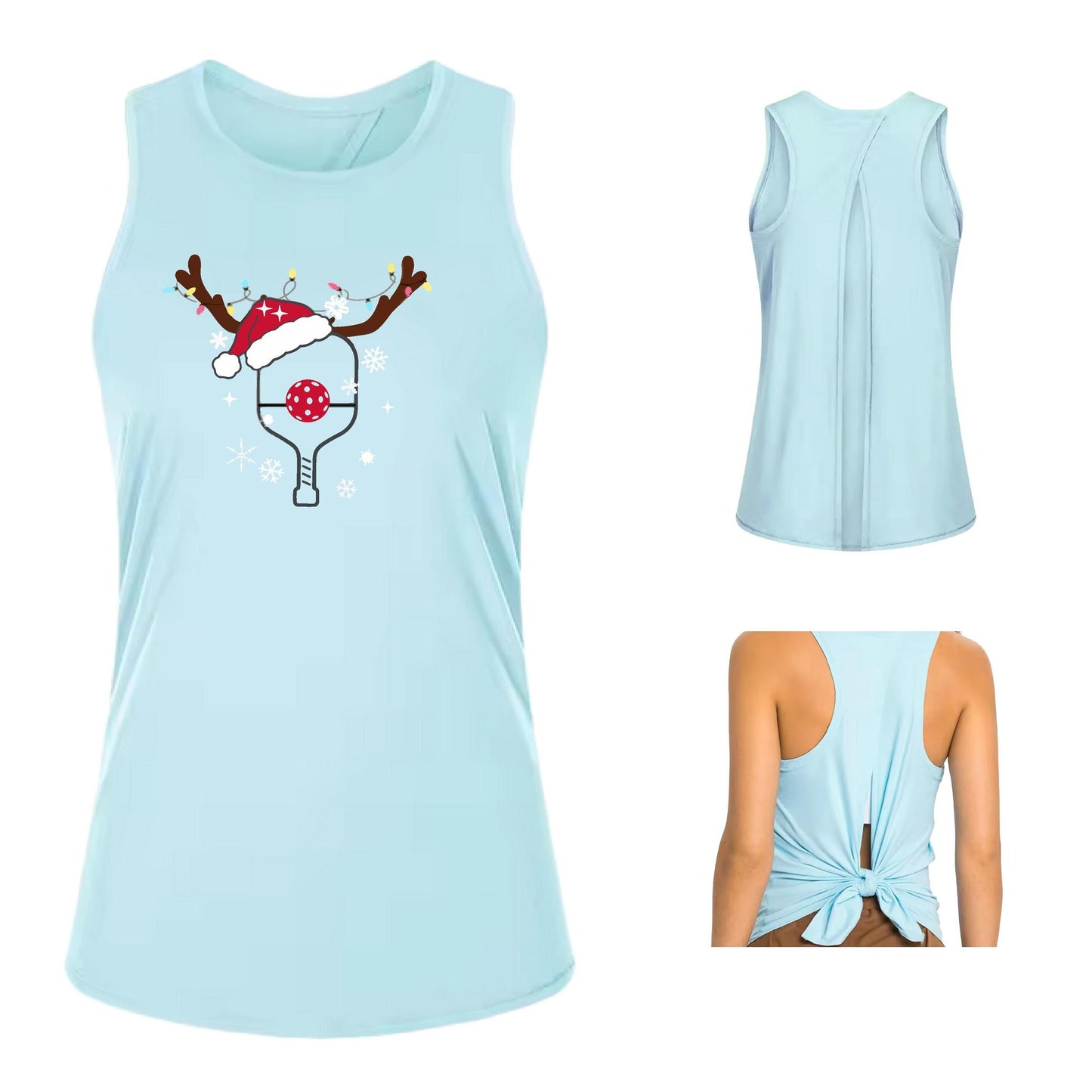 Rudolph The Pickling Reindeer Paddle | Women's Split Back or Tied Back Pickleball Performance Tank | 80/20 Nylon Spandex Mix
