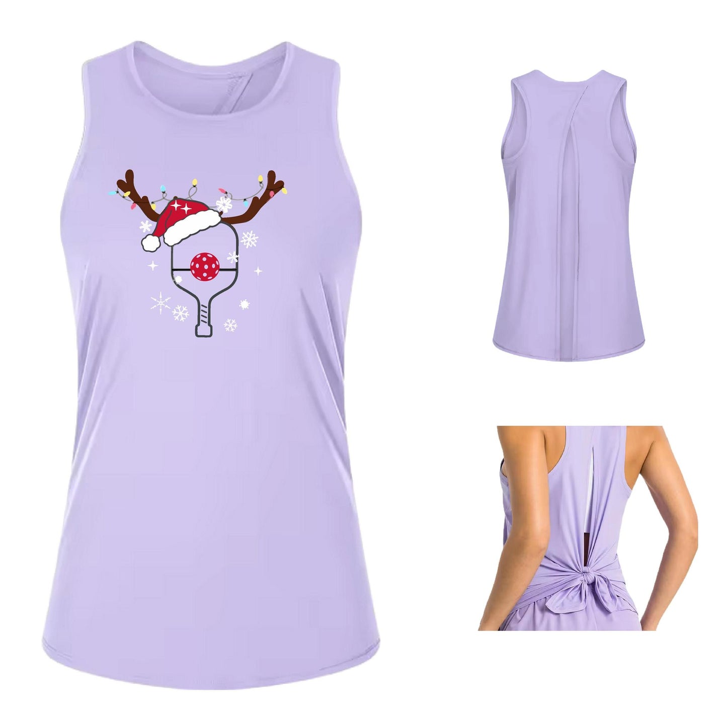 Rudolph The Pickling Reindeer Paddle | Women's Split Back or Tied Back Pickleball Performance Tank | 80/20 Nylon Spandex Mix