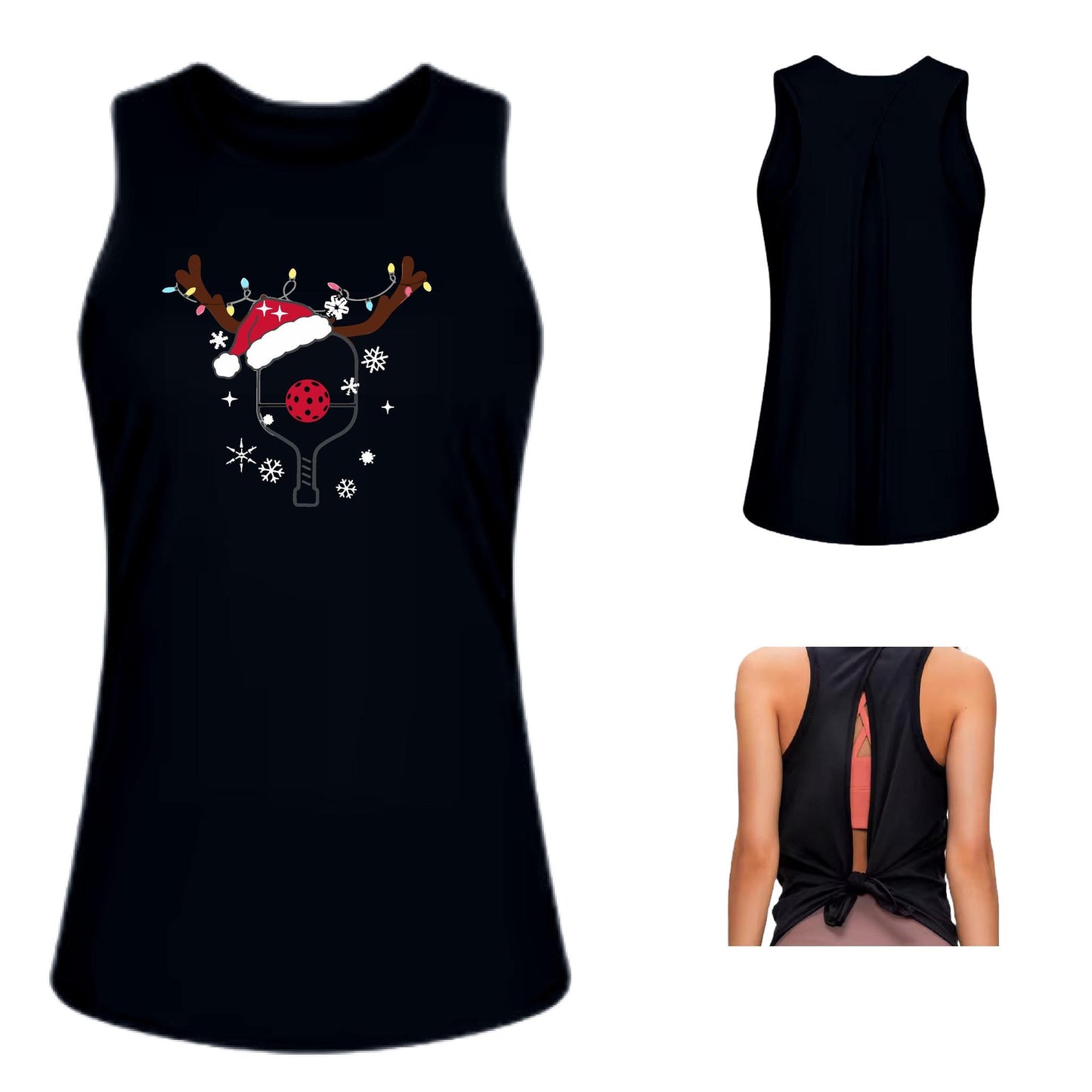 Rudolph The Pickling Reindeer Paddle | Women's Split Back or Tied Back Pickleball Performance Tank | 80/20 Nylon Spandex Mix