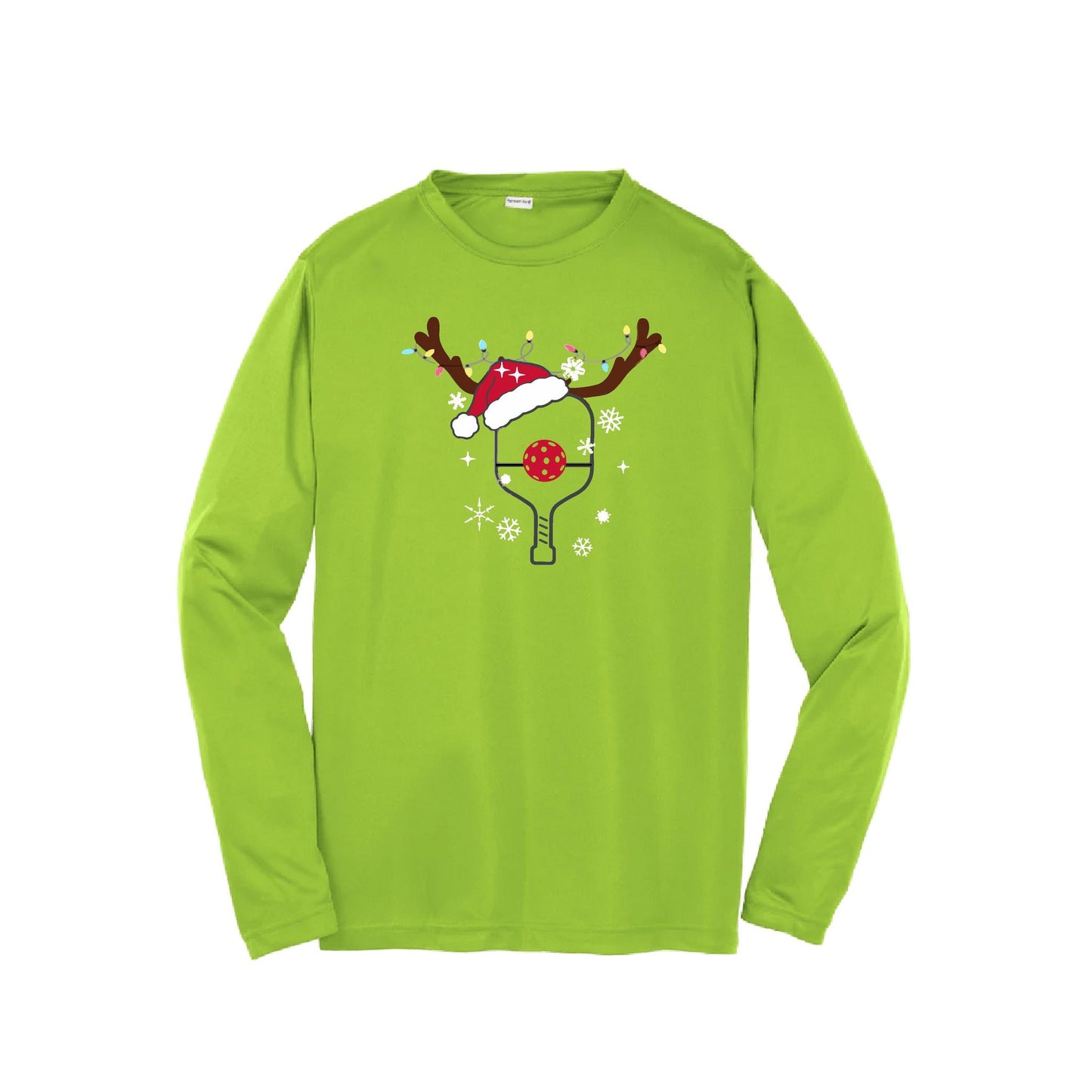 Rudolph The Pickling Reindeer Paddle | Youth Long Sleeve Pickleball Performance T-Shirts | 100% Polyester