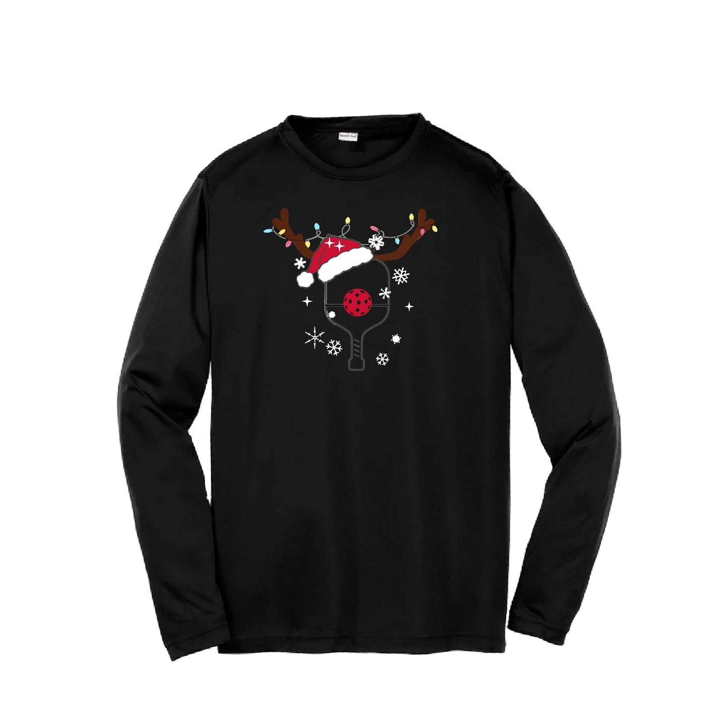 Rudolph The Pickling Reindeer Paddle | Youth Long Sleeve Pickleball Performance T-Shirts | 100% Polyester