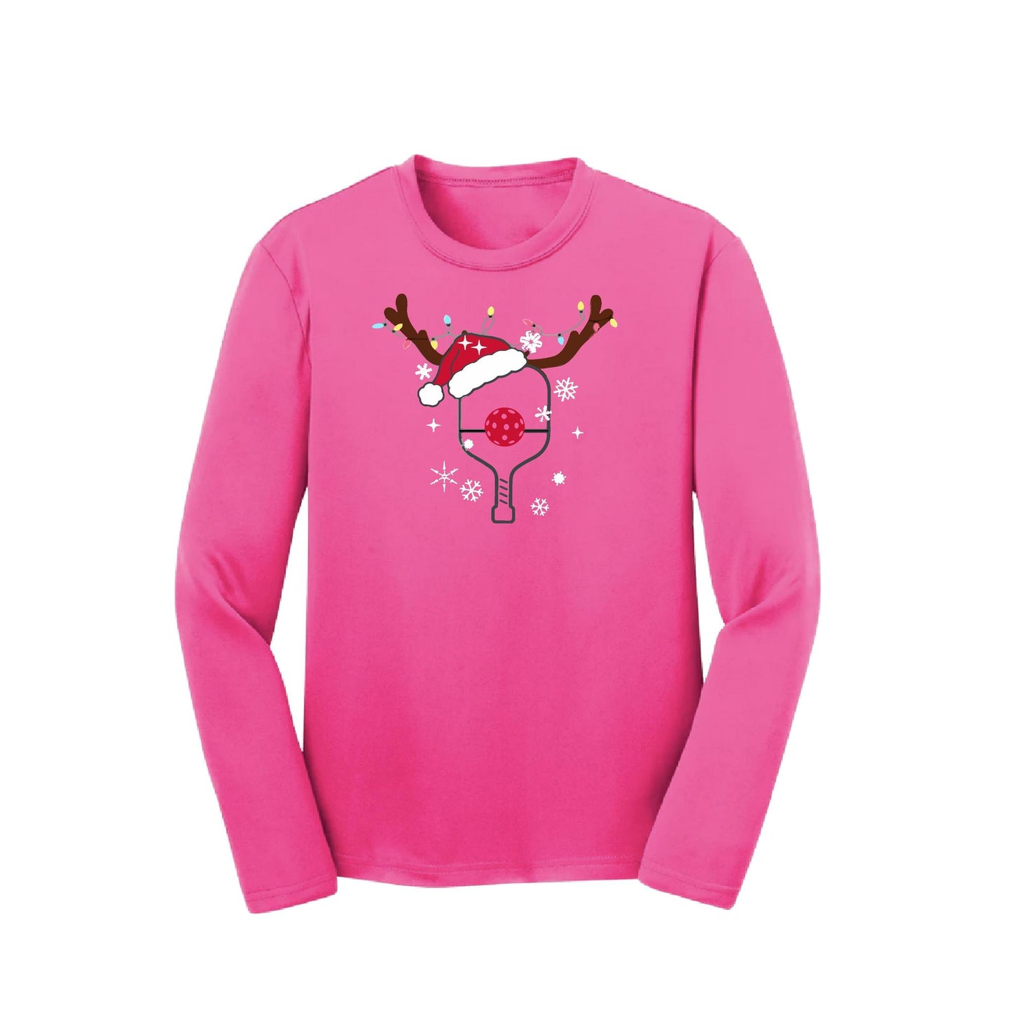 Rudolph The Pickling Reindeer Paddle | Youth Long Sleeve Pickleball Performance T-Shirts | 100% Polyester