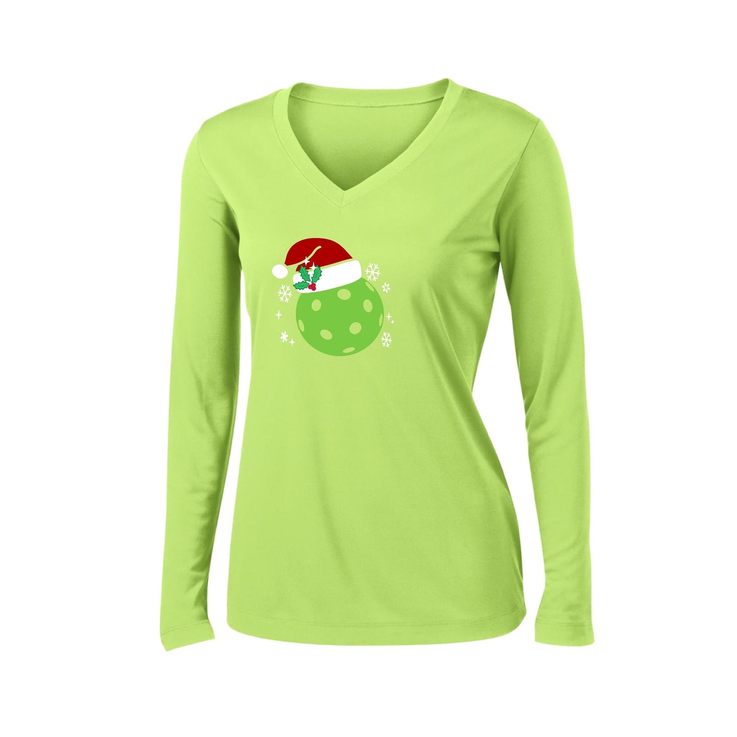 Santa Hat | Women’s Long Sleeve V-Neck Pickleball Performance T-Shirt | 100% Polyester