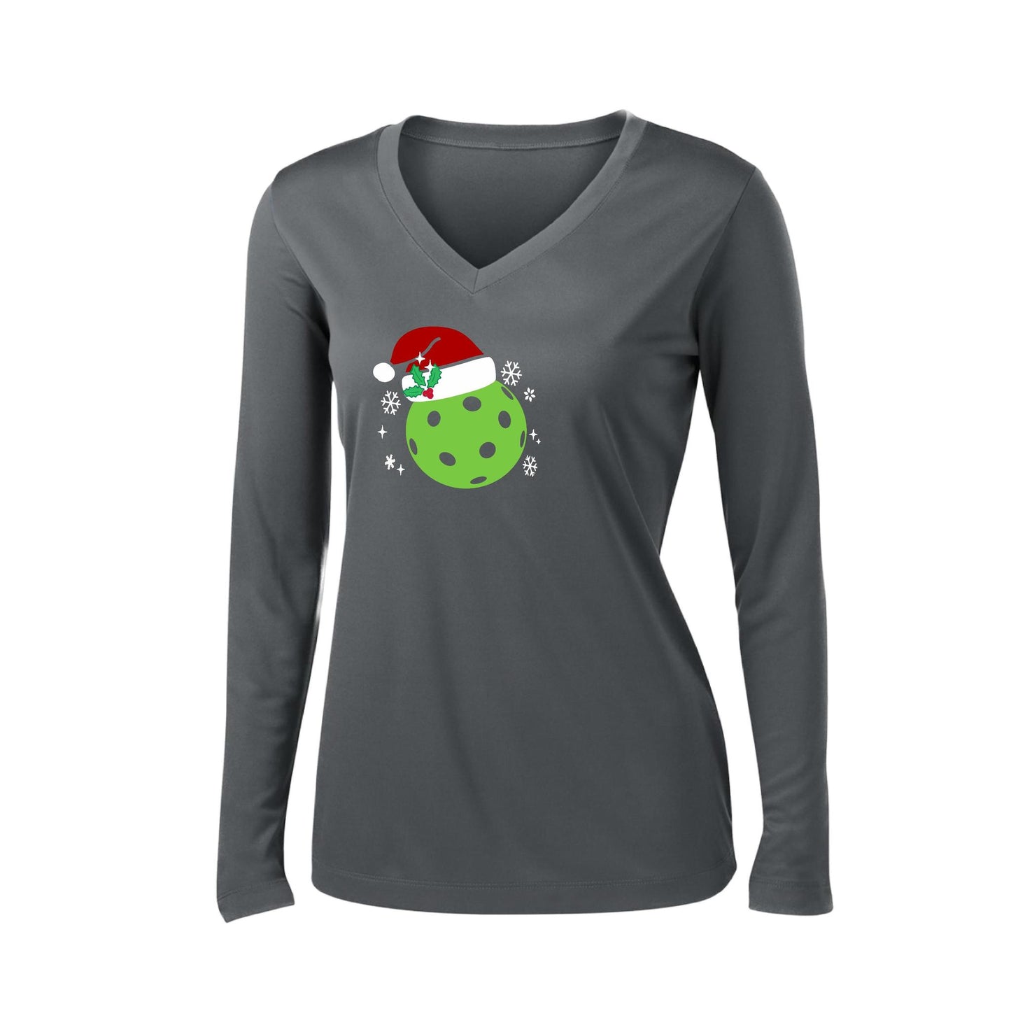 Santa Hat | Women’s Long Sleeve V-Neck Pickleball Performance T-Shirt | 100% Polyester