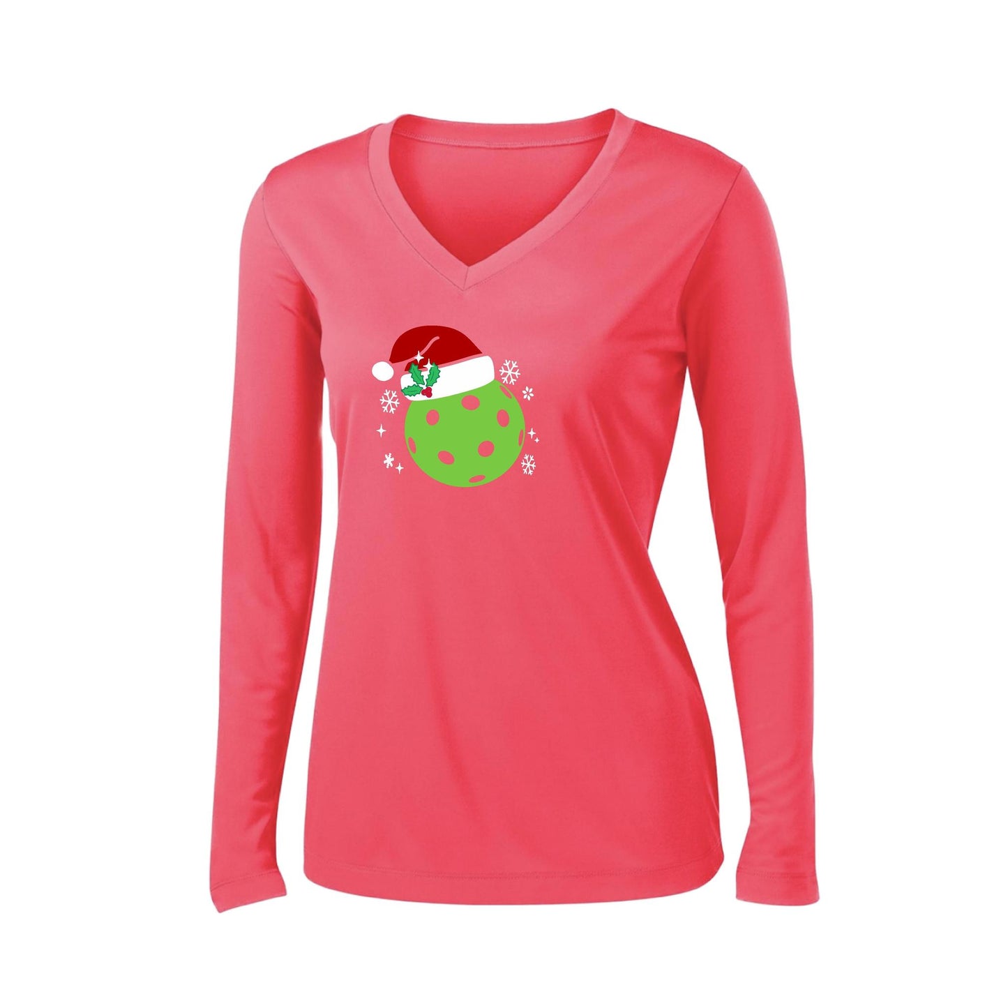 Santa Hat | Women’s Long Sleeve V-Neck Pickleball Performance T-Shirt | 100% Polyester