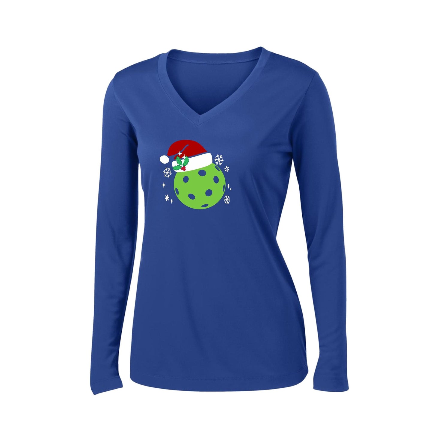 Santa Hat | Women’s Long Sleeve V-Neck Pickleball Performance T-Shirt | 100% Polyester