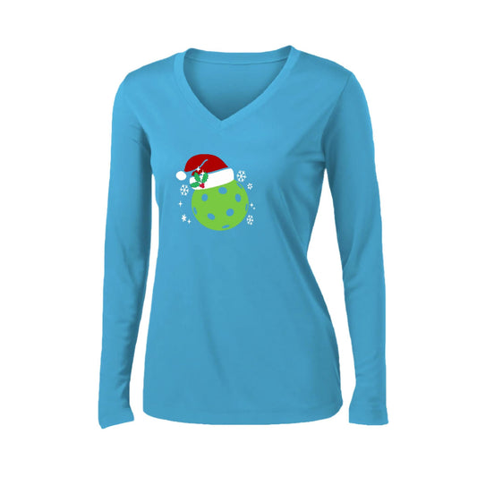 Santa Hat | Women’s Long Sleeve V-Neck Pickleball Performance T-Shirt | 100% Polyester