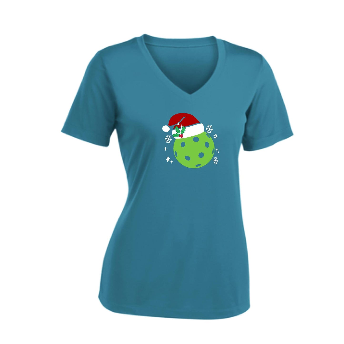 Santa Hat | Women's Short Sleeve V-Neck Pickleball Performance T-Shirts | 100% Polyester