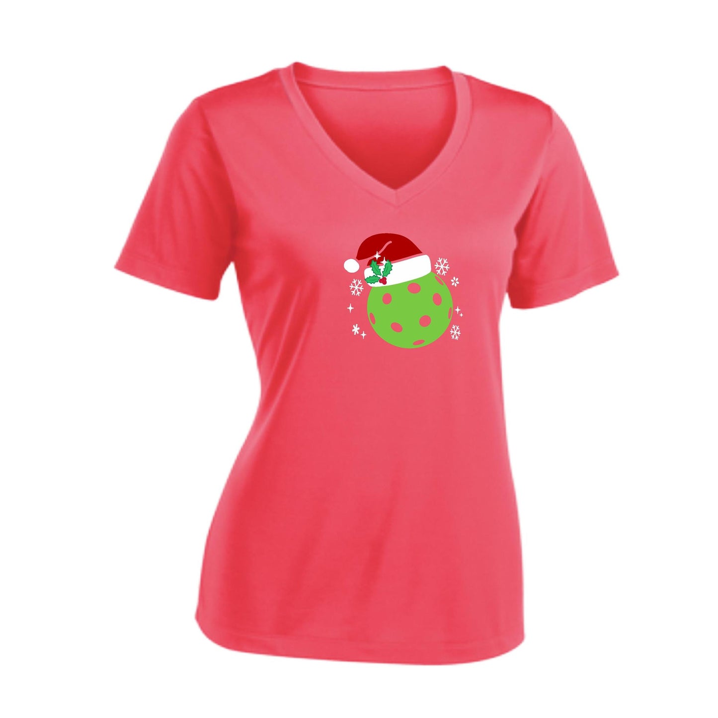 Santa Hat | Women's Short Sleeve V-Neck Pickleball Performance T-Shirts | 100% Polyester
