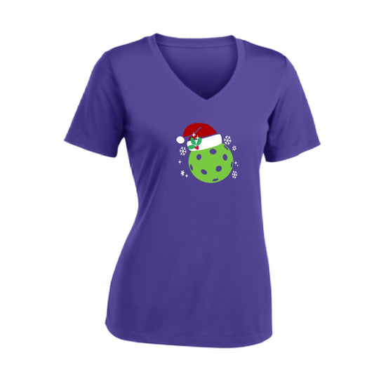 Santa Hat | Women's Short Sleeve V-Neck Pickleball Performance T-Shirts | 100% Polyester