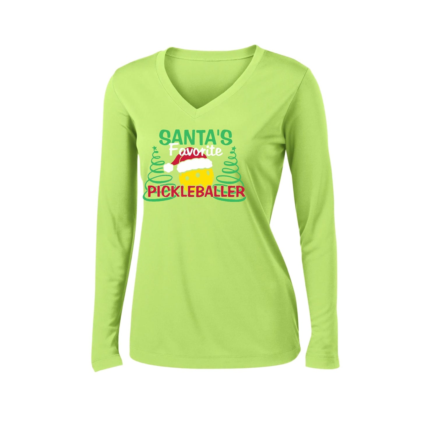 Santa's Favorite Pickleballer | Women’s Long Sleeve V-Neck Pickleball Performance T-Shirt | 100% Polyester