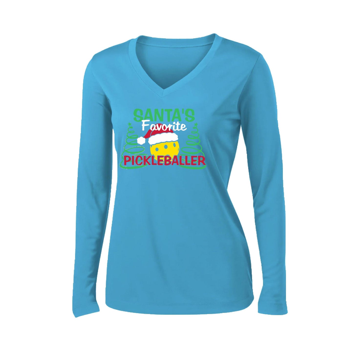 Santa's Favorite Pickleballer | Women’s Long Sleeve V-Neck Pickleball Performance T-Shirt | 100% Polyester