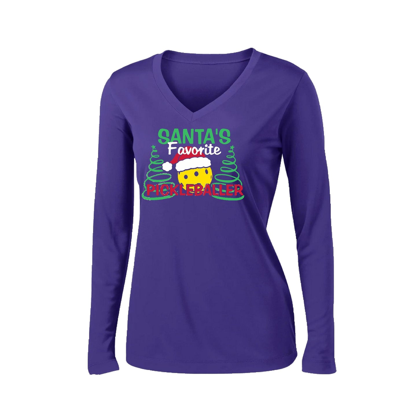 Santa's Favorite Pickleballer | Women’s Long Sleeve V-Neck Pickleball Performance T-Shirt | 100% Polyester