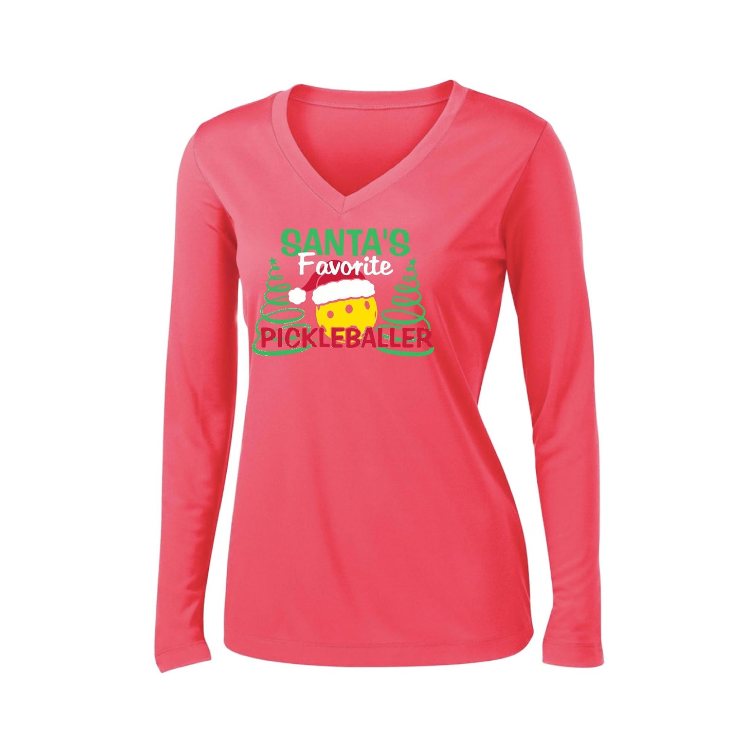 Santa's Favorite Pickleballer | Women’s Long Sleeve V-Neck Pickleball Performance T-Shirt | 100% Polyester