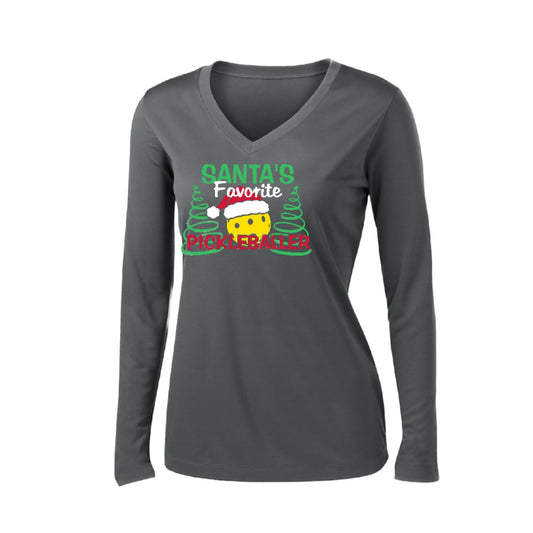 Santa's Favorite Pickleballer | Women’s Long Sleeve V-Neck Pickleball Performance T-Shirt | 100% Polyester
