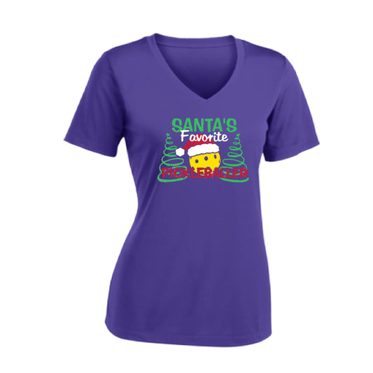 Santa's Favorite Pickleballer | Women's Short Sleeve V-Neck Pickleball Performance T-Shirts | 100% Polyester
