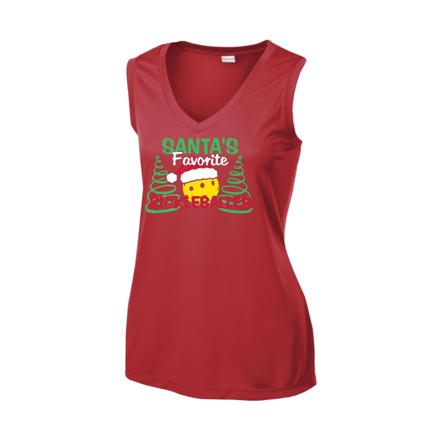 Santa's Favorite Pickleballer | Women’s Sleeveless Pickleball Performance T-Shirt | 100% Polyester