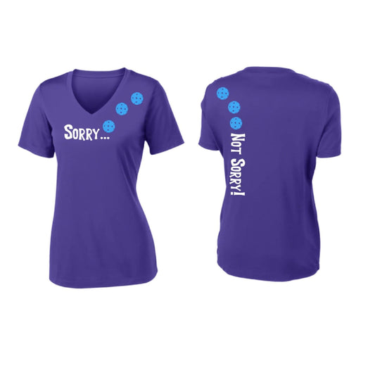 Sorry Not Sorry (Pickleballs Cyan Green Orange) | Women's Short Sleeve V-Neck Pickleball Performance T-Shirts | 100% Polyester