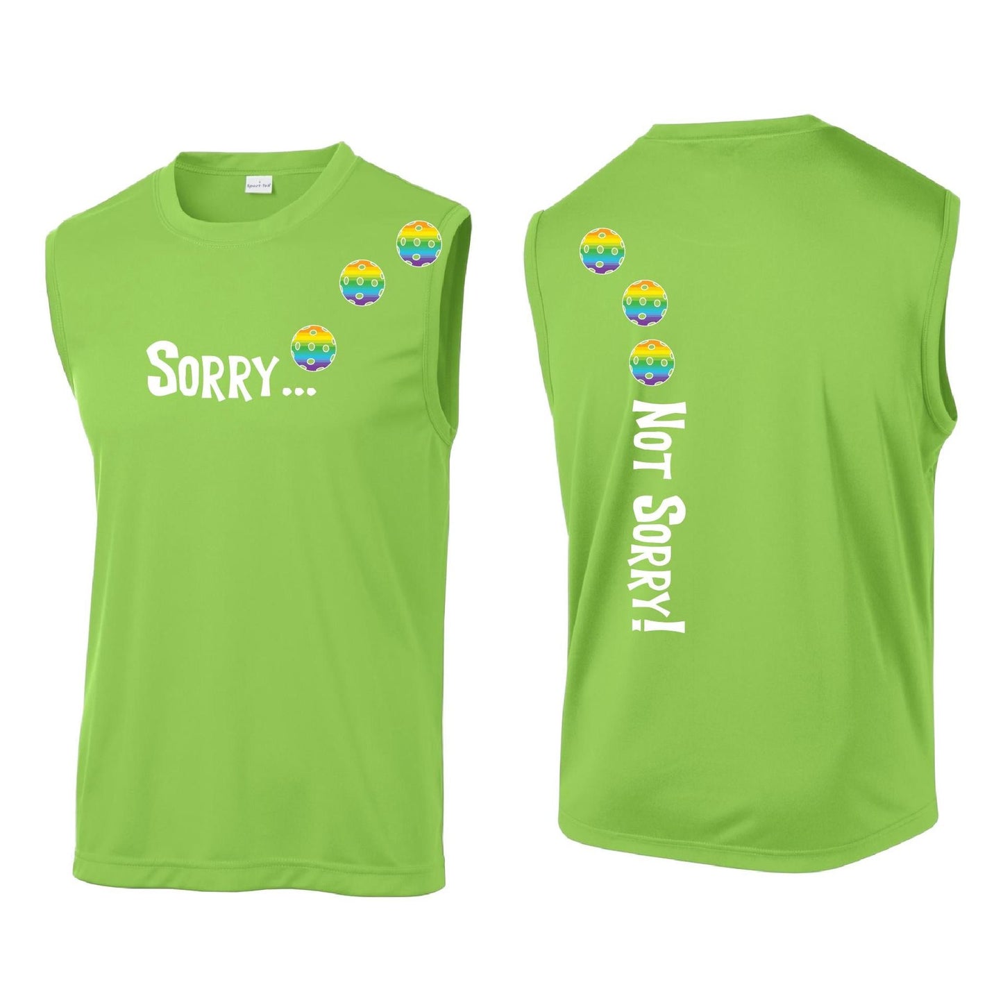 Sorry Not Sorry (Pickleballs Pink Purple Rainbow) | Men's Sleeveless Athletic Performance T-Shirt | 100% Polyester