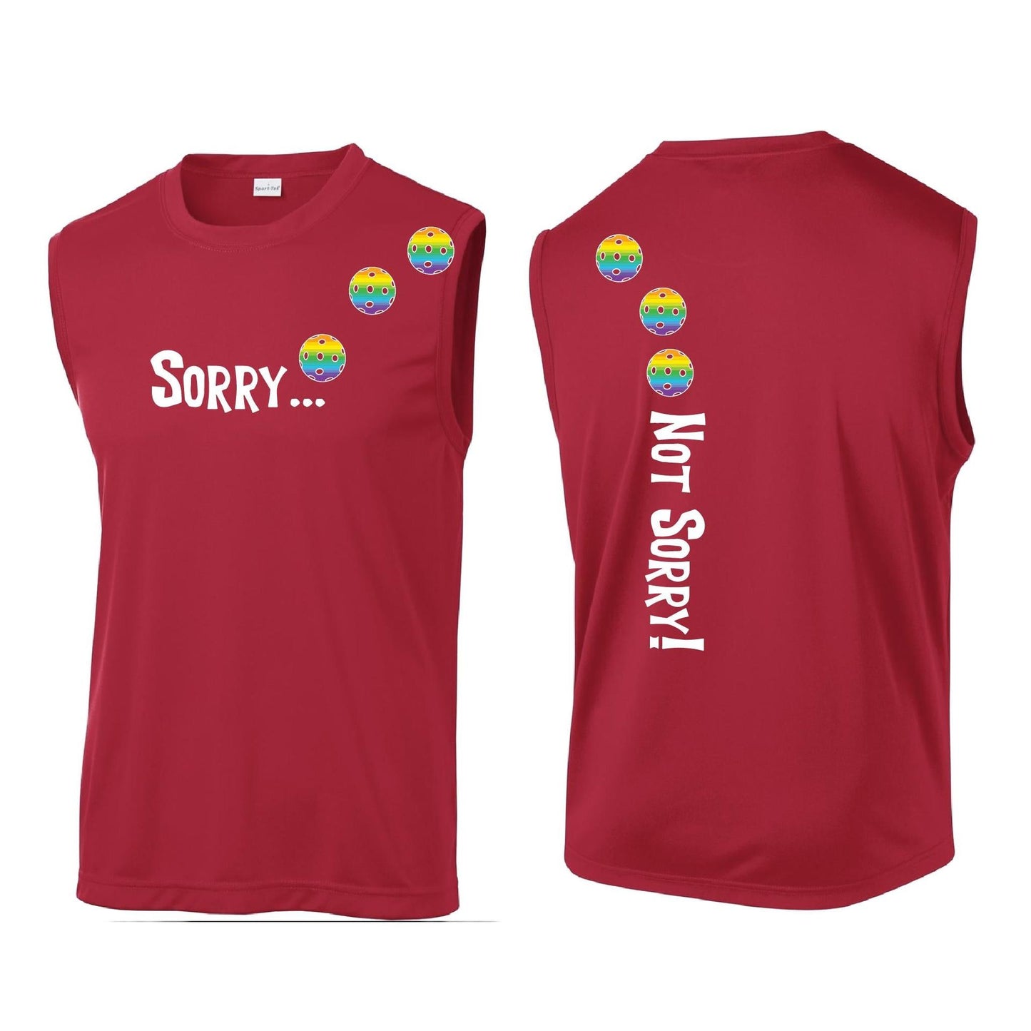 Sorry Not Sorry (Pickleballs Pink Purple Rainbow) | Men's Sleeveless Athletic Performance T-Shirt | 100% Polyester