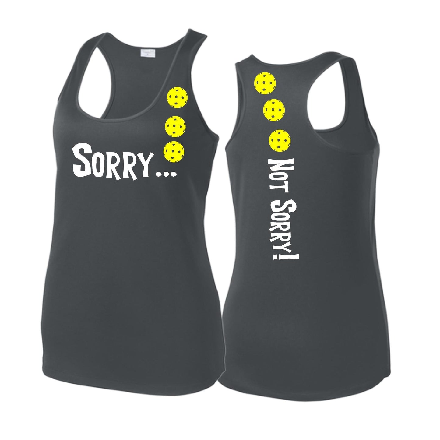 Sorry Not Sorry (Pickleballs Red White Yellow) | Women's Racerback Pickleball Tank | 100% Polyester