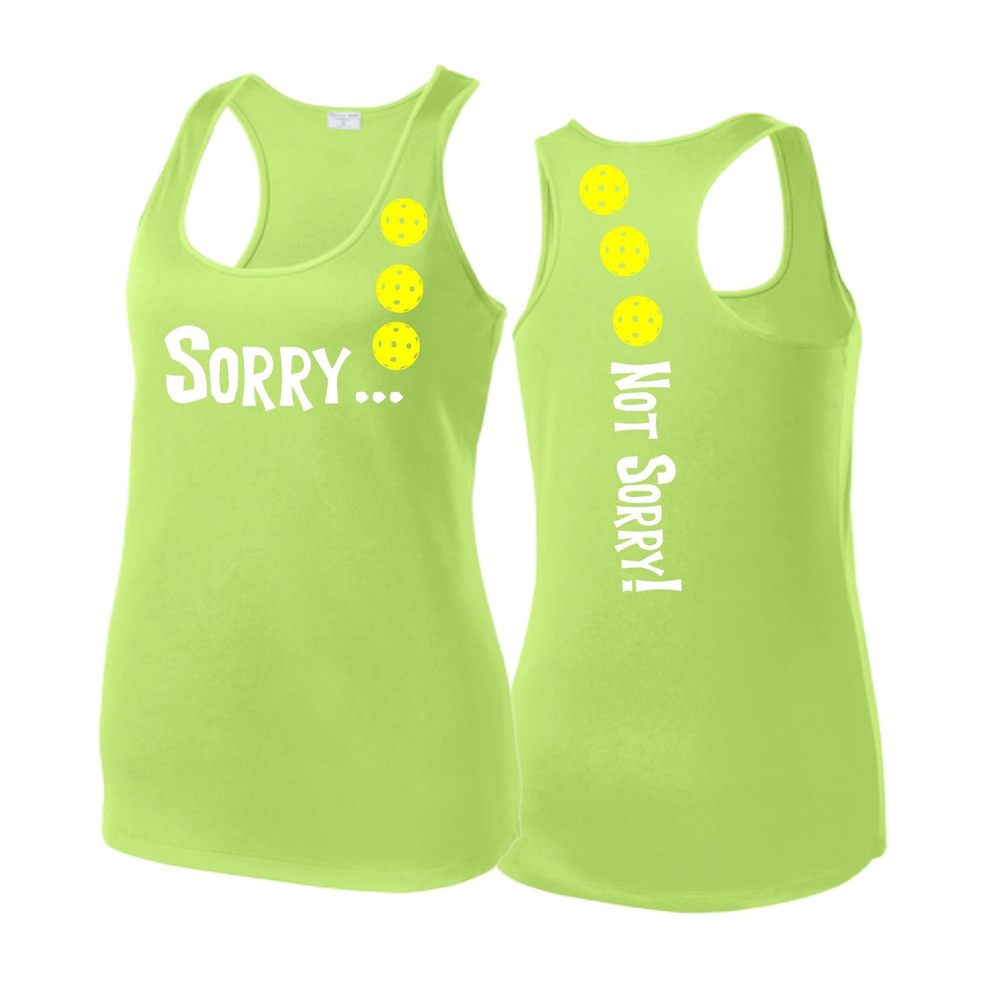 Sorry Not Sorry (Pickleballs Red White Yellow) | Women's Racerback Pickleball Tank | 100% Polyester