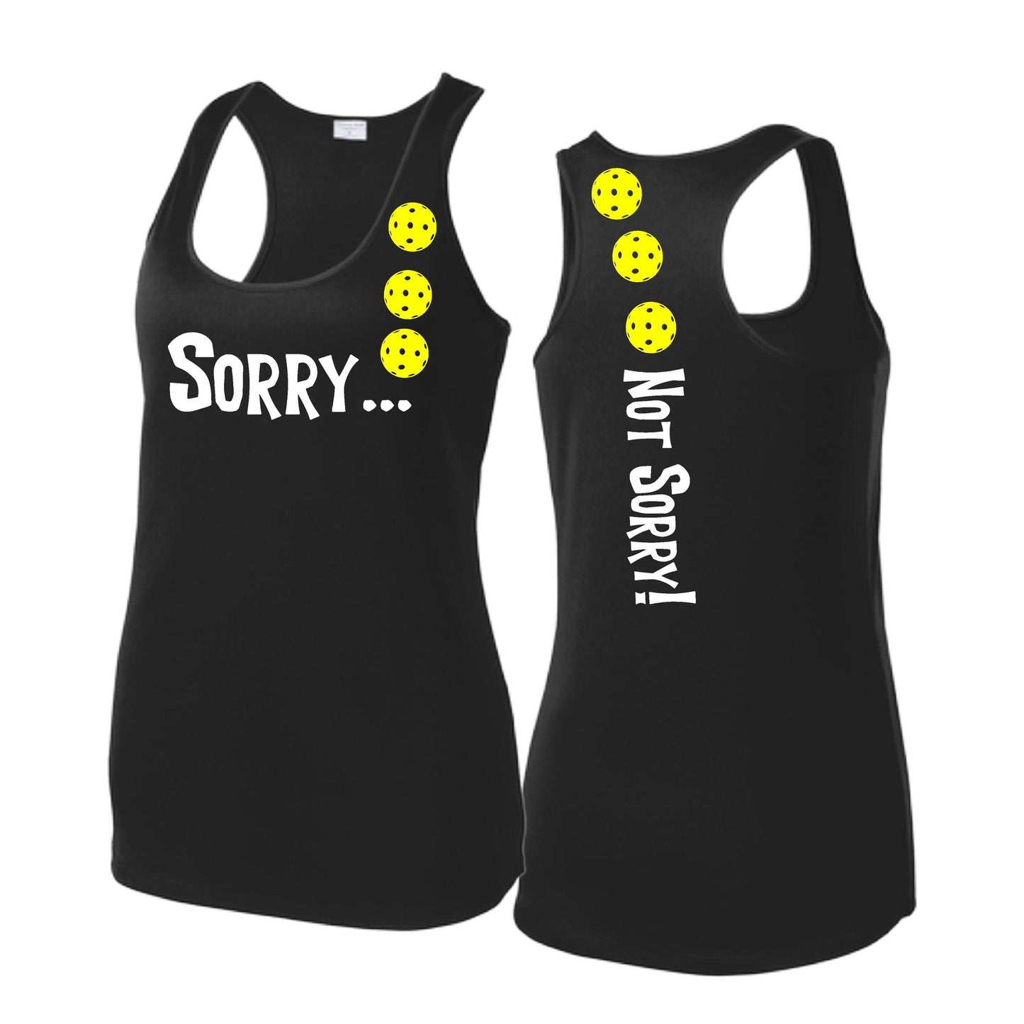 Sorry Not Sorry (Pickleballs Red White Yellow) | Women's Racerback Pickleball Tank | 100% Polyester