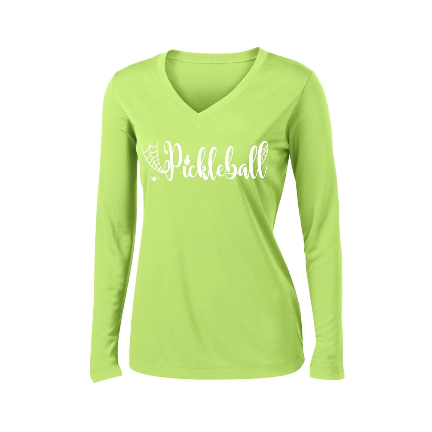 Spider Pickleball | Women’s Long Sleeve V-Neck Pickleball Performance T-Shirt | 100% Polyester