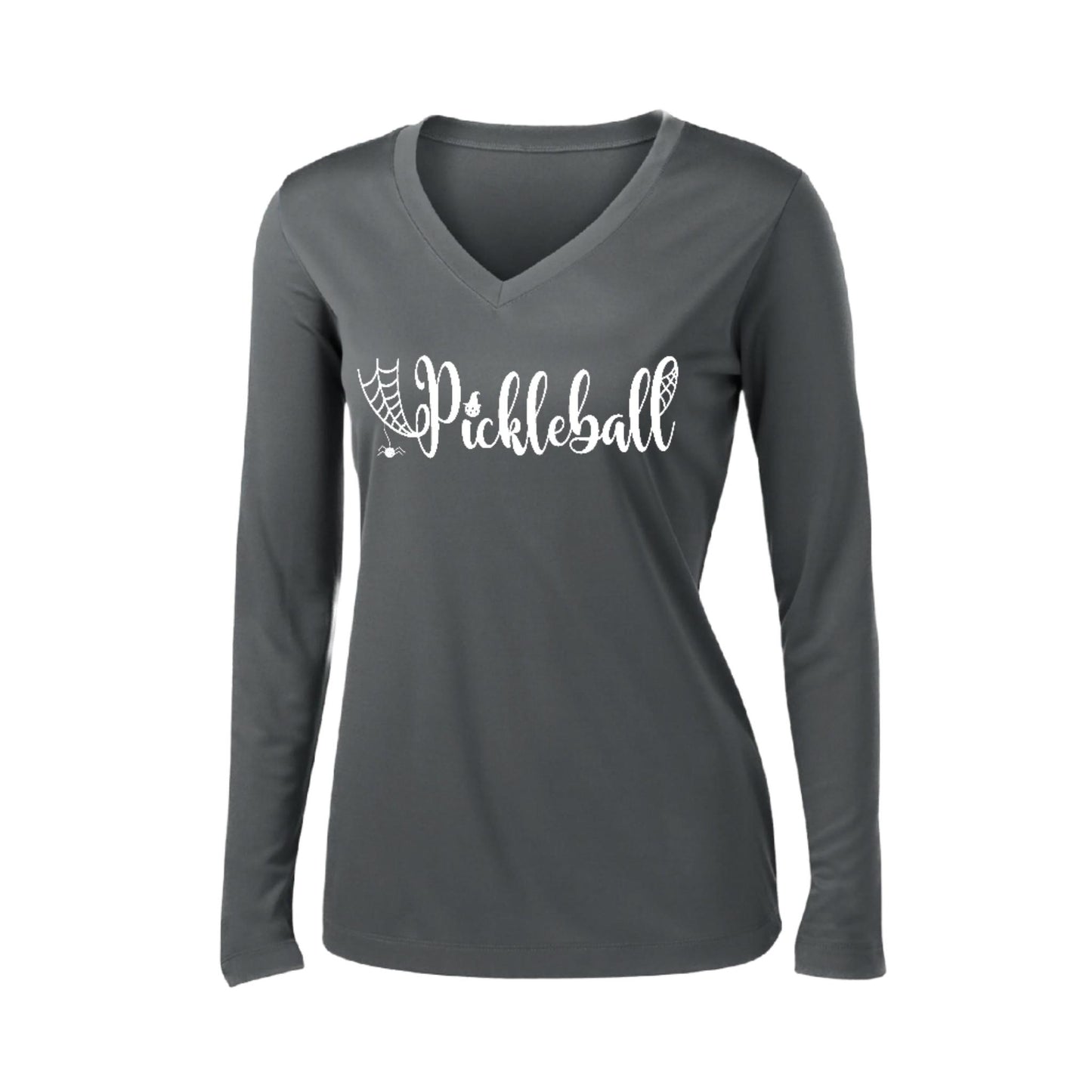 Spider Pickleball | Women’s Long Sleeve V-Neck Pickleball Performance T-Shirt | 100% Polyester
