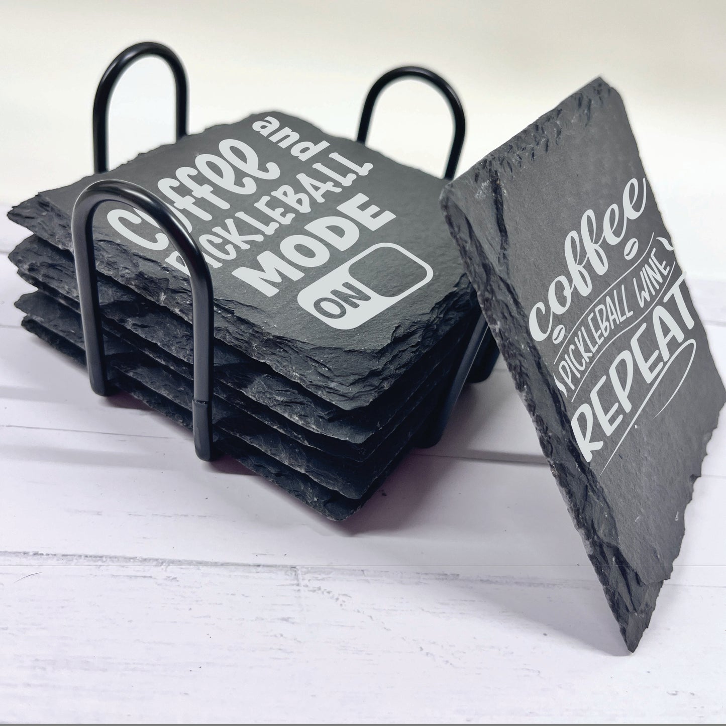 Pickleball Slate Stone Coasters | Set of Six Coasters Round or Square & Metal Holder | Stone Coasters