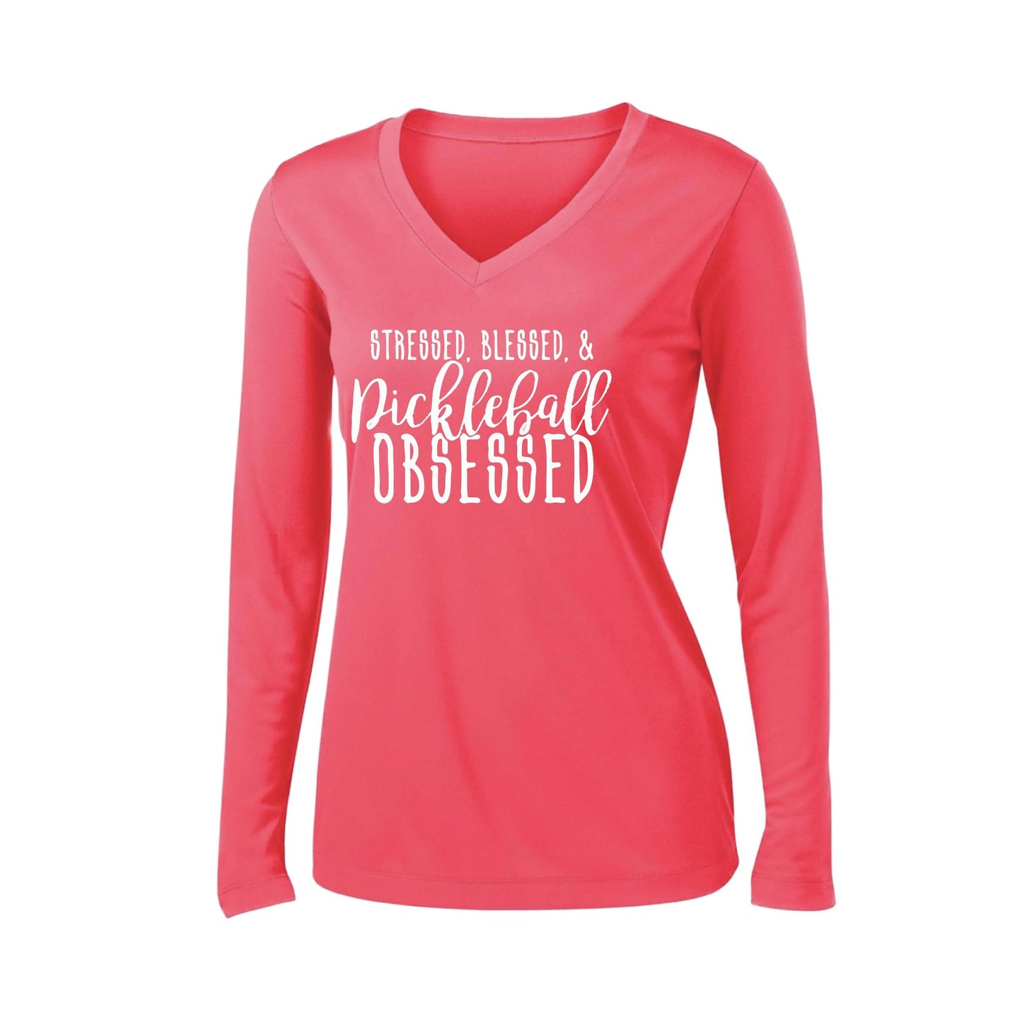 Stressed Blessed & Pickleball Obsessed | Women’s Long Sleeve V-Neck Pickleball Performance T-Shirt | 100% Polyester