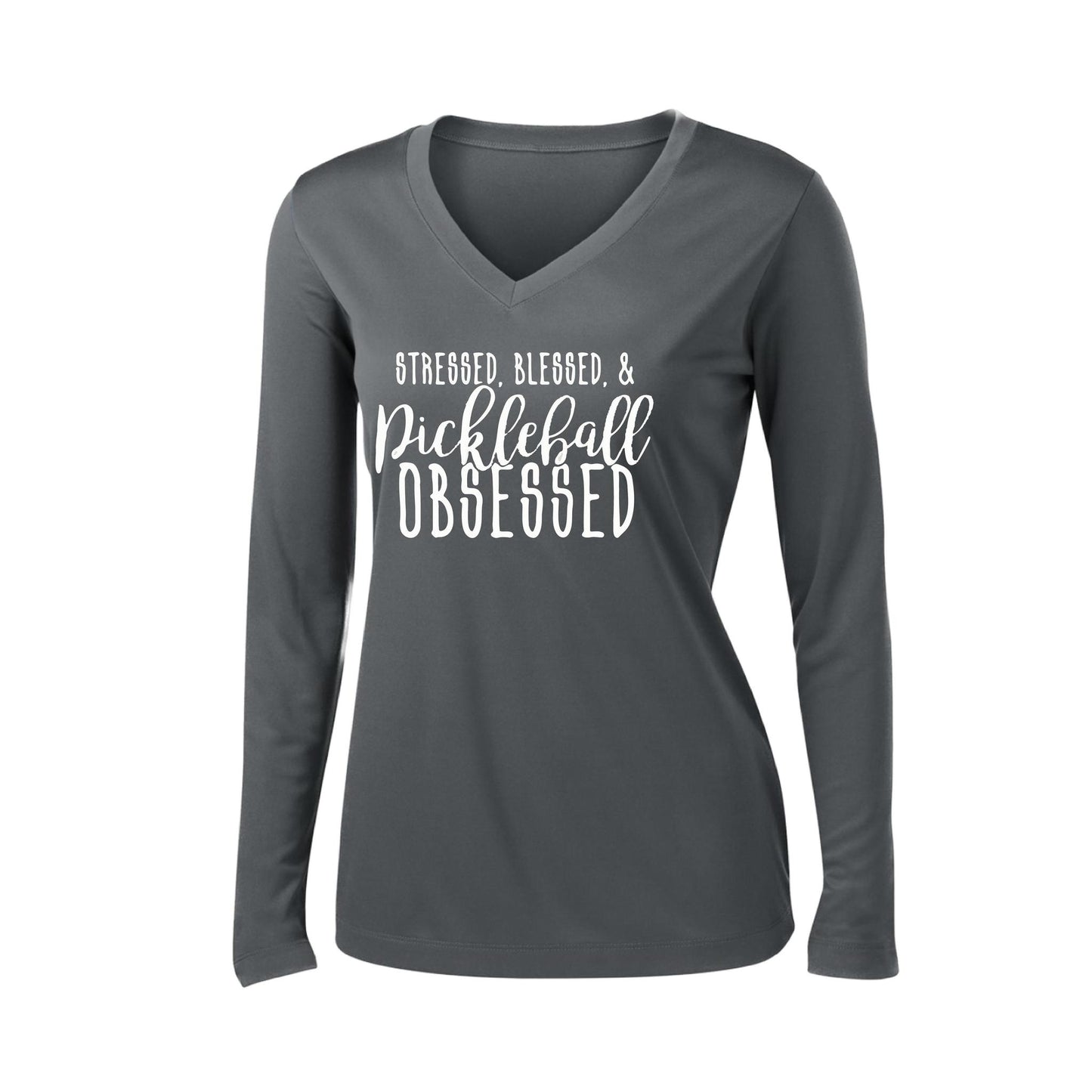 Stressed Blessed & Pickleball Obsessed | Women’s Long Sleeve V-Neck Pickleball Performance T-Shirt | 100% Polyester